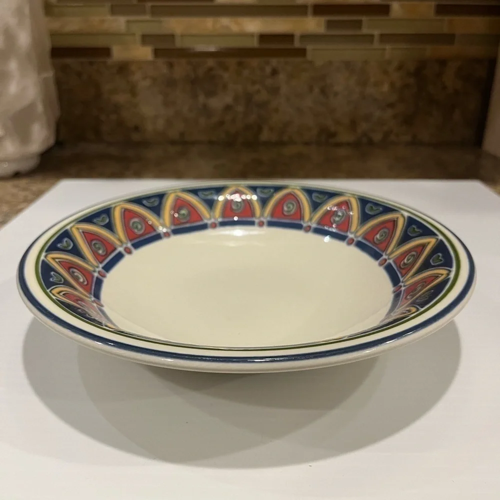 Pier 1 Bowl Red, Blue. Yellow Geometric Pattern 8 1/4 inches